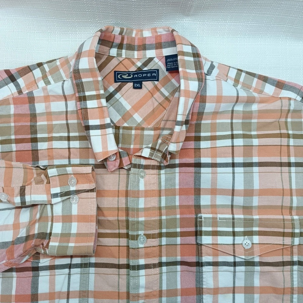 Roper Peach Plaid Button Down‎ Shirt Men 2XL Long Sleeve Western Cowboy Rodeo